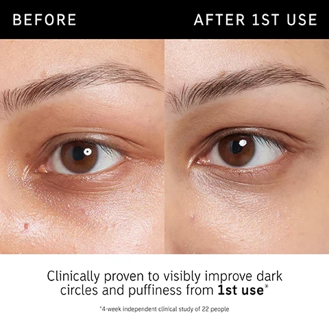 Image 1 - A comparison image showing a close-up of a persons eyes, with the left side labeled Before and the right side labeled After 1st Use, highlighting visible improvement in dark circles and puffiness; includes text reading Clinically proven to visibly improve dark circles and puffiness from 1st use* and *4-week independent clinical study of 22 people.
              Image 2 - Image of a white tube of Caffeine Eye Cream with a black cap, next to text stating it visibly improves dark circles and puffiness from first use, instantly hydrates and cools, and perfectly primes the under-eye for a smooth base for makeup; includes a footnote about a 4-week independent clinical study of 22 people.
              Image 3 - Close-up of a womans face showing smooth skin with freckles and a well-defined eyebrow, accompanied by three statements about a skincare products effectiveness: 95% agree skin feels instantly smoother and deeply hydrated, clinically proven to visibly improve dark circles and puffiness from 1st use, clinically proven to deliver instant hydration.
              Image 4 - Ingredients list on a white background including Caffeine which helps de-puff and reduce dark circles, MATRIXYL™ 3000 PEPTIDE which visibly plumps, firms and smooths, and ALBIZIA JULIBRISSIN BARK EXTRACT which visibly reduces signs of under-eye skin fatigue.
              Image 5 - Image of a woman applying eye cream, featuring text that reads: FAQ WHERE SHOULD I APPLY? Dot a pea-sized amount around the contour of the eye. Pat gently using your ring finger and don’t apply too much pressure or pull on the skin. CAN I ALTERNATE THIS WITH OTHER EYE CREAMS? Yes, alternate with Brighten-i Eye Cream to target dark circles or Retinol Eye Cream to visibly reduce fine lines and wrinkles.
              Image 6 - An image shows a dollop of white cream on a light background, with the text How to layer your routine above it and numbered steps below it: 1 Clean, 2 Hydrate, 3 Treat, 4 Moisturize, 5 SPF.
              Image 7 - A hand holds a tube of caffeine eye cream with a white background, accompanied by icons indicating morning and evening application times, with the text When to apply AM PM.
              Image 8 - Image shows two eye cream tubes side by side labeled Caffeine Eye Cream and Brighten Eye Cream, with comparison sections listing their best uses, hero ingredients, and targets for each product; visible text includes BEST FOR, HERO INGREDIENT, and TARGETS.