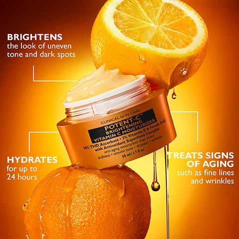 Image 1 - An open jar of brightening moisturizer with a creamy texture is shown next to whole and sliced oranges, with text highlighting benefits that include brightening uneven tone and dark spots, hydrating for up to 24 hours, and treating signs of aging such as fine lines and wrinkles.
              Image 2 - Image shows two jars of Peter Thomas Roth skincare products on an orange background; the jar on the left is labeled NEW & IMPROVED and features a list of benefits including 10% THD Ascorbate Vitamin C and 24-hour hydration, while the jar on the right is labeled ORIGINAL with similar ingredients listed.
              Image 3 - An orange background features a creamy, light orange substance shaped like a smear, with a wedge of grapefruit, an orange slice, and a lemon slice placed around it, along with text that reads 10% THD ASCORBATE VITAMIN C helps brighten the look of skin and defy signs of aging, 3% VITAMIN E & FERULIC ACID boost Vitamin C performance, and ANTIOXIDANT SUPERFOOD COMPLEX helps maintain and enhance brightening results.
              Image 4 - An overhead close-up of a smooth, creamy yellow substance showing waves and ridges, with the text Medium-weight cream texture and an arrow pointing to the textured area.
              Image 5 - A split image shows a woman’s face on the left labeled BEFORE with visible freckles and uneven skin tone, and on the right labeled AFTER 4 WEEKS* with clearer skin, against a bright orange background; additional text at the bottom states *Unretouched photos. Individual results may vary.
              Image 6 - Image shows a jar of Potent-C Brightening Vitamin C Moisturizer placed above a fresh orange slice with bright orange and yellow background; visible text reads HOW TO USE Apply this facial moisturizer with Vitamin C twice daily to face and neck with continued use. *For external use only. CLINICAL SKIN CARE POTENT-C™ BRIGHTENING VITAMIN C MOISTURIZER 10% THD Ascorbate 3% Vitamin E & Ferulic Acid with Antioxidant Superfood Complex anti-aging moisturizer that treats dullness uneven tone dryness wrinkles 50 ml / 1.7 oz PETER THOMAS ROTH Note: Due to the high potency of active ingredients, color may shift over time. This will not affect product performance.
              Image 7 - Image shows three skincare products from Peter Thomas Roth arranged in a row with a beige background, labeled with POTENT-C™ ROUTINE at the top and steps indicated as STEP 1, STEP 2, and STEP 3; the products include Potent-C Power Scrub, Potent-C Power Serum, and Potent-C Power Cream.
              Image 8 - Image shows two skincare products by Peter Thomas Roth: on the left is a jar of Potent-C Power Brightening Hydra-Gel Eye Patches and on the right is a jar of Potent-C Brightening Vitamin C Moisturizer, with the text STEP 4 above the eye patches and STEP 5 above the moisturizer.