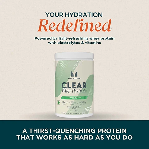 Image 1 - The image shows a white tub of Myprotein Clear Whey Hydrate in Lemon & Lime flavor, with text on the image reading YOUR HYDRATION Redefined, Powered by light-refreshing whey protein with electrolytes & vitamins, MYPROTEIN CLEAR Whey Hydrate, LEMON & LIME, 11G PROTEIN, ADDED ELECTROLYTE BLEND, ADDED VITAMIN C & B-COMPLEX, NUTRACEUTICAL FOR ADULTS, NET WT. 300g, SCAN QR ON THE BACK TO CONTINUE YOUR JOURNEY, and A THIRST-QUENCHING PROTEIN THAT WORKS AS HARD AS YOU DO. Image 2 - A detailed product information label for Clear Whey Hydrate Lemon & Lime Flavour, with the visible text reading: CLEAR WHEY HYDRATE Lemon & Lime Flavour. DIRECTION FOR USE: MIX 15g (approx. 1 scoop) WITH 300ml OF COLD WATER, SHAKE, LEAVE FOR 15 SECONDS TO SETTLE, ENJOY! READY-TO-MIX WHEY PROTEIN HYDROLYSATE POWDER WITH ADDED VITAMINS AND ELECTROLYTES. LEMON & LIME FLAVOUR WITH SWEETENER. SERVING SIZE: 15g (approx. 1 scoop) SERVINGS PER CONTAINER: 20. Hydrolysed Whey Protein Isolate (87.1%)(Anti-foaming Agent (Silicon Dioxide)), Natural Flavours (Lemon and Lime), Electrolyte Blend (Sodium Chloride, Dipotassium Phosphate, Calcium Hydrogen Phosphate, Magnesium Oxide), Acidity Regulator (Citric Acid), Vitamin B Complex (Niacin, Pantothenic Acid, Vitamin B6, Vitamin B1, Vitamin B2, Folic Acid, Biotin, Vitamin B12), Vitamin C, Sweetener (Sucralose), Magnesium. ALLERGENS: Contains Milk. THIS CONTAINS SUCRALOSE. CONTAINS NON-CALORIC SWEETENER. INSTRUCTIONS FOR USE: We recommend 15g (approx. 1 scoop) mixed with 300ml of cold water. After shaking, wait about 15 seconds for the natural foaming to settle. Powder settles over time, we recommend weighing for the most accurate measure. RECOMMENDED DAILY USAGE: 15g (approx. 1 scoop) per day. IMPORTANT INFORMATION: This product should not be used as a substitute for a varied diet. This product is intended to be used alongside an active lifestyle and a balanced diet. Store in cool and dry place, away from direct sunlight. Keep out of childrens reach. WARNING: Check with a qualified healthcare professional before using this product if you have any known or suspected medical condition(s) and/or are taking any prescription or OTC medication(s). NOT FOR MEDICINAL USE: Not recommended for children. Pregnant, nursing or lactating women must consult with a healthcare practitioner before using this product. Not to exceed the stated recommended daily usage. NUTRITIONAL INFORMATION Per 100g | Per 15g Serving (*RDA Per Serving), Energy 322kcal | 48.3kcal (2.42%), Protein 76g | 11g (21.11%), Carbohydrate 4.46g | 0.67g (**),Total Sugars 0.7g | 0.11g (**), Added Sugars 0g | 0g (0%), Total Fat 0.21g | 0.03g (0.05%), Saturated Fat 0.12g | 0.02g (0.08%), Trans Fat 0g | 0g (0%), Sodium 1160mg | 174mg (8.7%), Vitamin C 530mg | 79.5mg (99.38%), Thiamin (Vitamin B1) 1.5mg | 0.23mg(12.5%), Riboflavin (Vitamin B2) 1.9mg | 0.29mg (11.4%), Niacin 21mg | 3.15mg (17.5%), Pyridoxine (Vitamin B6) 1.9mg | 0.29mg (12%), Folic Acid 266.7mcg | 40mcg (22.87%), Vitamin B12 3.3mcg | 0.5mcg (22.5%), Biotin 67mcg | 10.05mcg (25.13%), Pantothenic Acid 8mg | 1.2mg (24%), Chloride 1730mg | 259.5mg (11.28%), Calcium 198mg | 29.7mg (2.97%), Phosphorous 283mg | 42.45mg (4.25%), Magnesium 81.73mg | 12.26mg (2.79%), Potassium 328mg | 49.2mg(1.41%). *RDA as per ICMR 2020 for moderate work men & Labelling and Display regulation 2020. **RDA not established. All values are considered averages unless otherwise indicated. Image 3 - A shaker bottle filled with a yellow liquid and Myprotein branding is surrounded by circular arrows highlighting nutritional facts, with text that reads FUEL UP Refresh hard, 11G PROTEIN, less than 50 KCAL, B-VITS + ELECTROLYTES, less than 0.5G FAT, less than 0.5G SUGAR, and a banner at the bottom stating WHEN SWEAT IS HEAVY, FLAVOUR SHOULD BE LIGHT. Image 4 - A white and black Myprotein shaker bottle containing a light purple liquid is depicted, with surrounding text that reads: WHATS IN EVERY SIP Why It Matters, HYDROLYZED WHEY ISOLATE Quickly Absorbed Zero to Minimal Lactose & Fat % for High Efficiency Recovery, ELECTROLYTE BLEND Restores Fluid Balance Post-Sweat, MYPROTEIN, VITAMIN C Supports immune resilience during intense training phases, B-COMPLEX VITAMINS Reduce Fatigue, Boost Metabolic Support, < 0.5 G FAT & SUGAR / ≤ 50 KCAL Clean Macros Guilt-Free Hydration, and PRECISION-ENGINEERED HYDRATION INSIDE OUT. Image 5 - A promotional image outlining the benefits of clear protein with the text: WHY CLEAR PROTEIN IS A Game-Changer Hydrolyzed Whey is pre digested into smaller peptides making it light, fast-absorbed, easy on digestion Minimal calories, fats, lactose ideal for leaners or those sensitive to heavy shakes Clear protein offers muscle support plus hydration in one visually appealing package BETTER DIGESTION. BETTER PORTABILITY. SAME MUSCLE SCIENCE. Image 6 - An infographic with a light background shows three orange arrow-shaped steps, explaining how to use a product, with a dark blue banner at the bottom; the text reads How to Use Mix. Settle. Refresh 1 scoop (15 g) in 200-300ml cold water Shake well, let foam settle (~15 sec), watch it clear into a colorful, thirst-busting drink Enjoy pre, intra, or post-training or anytime hydration is needed Clean Hydration That Fits Your Pace.