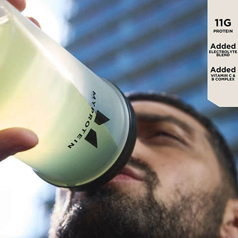 Image 1 - A person with a short beard is holding a green protein shake bottle marked with the brand name MYPROTEIN, while looking upward, with a blurred background of buildings, and text on the image indicating 11G PROTEIN, Added ELECTROLYTE BLEND, and Added VITAMIN C & B COMPLEX.
Image 2 - An informational label for Clear Whey Hydrate in Lemon & Lime flavor, detailing serving instructions, nutritional information, and warnings about usage and allergens, with visible text including DIRECTION FOR USE, NUTRITIONAL INFORMATION, and various ingredient lists.
Image 3 - A hand holds a MYPROTEIN shaker as it pours liquid into a textured glass, with a label showing the company details and customer care information.
