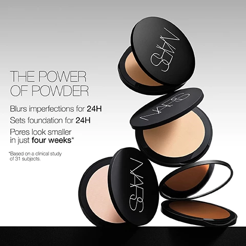 Image 1, the power of powder, blurs imperfections for 24 hours, sets foundation for 24 hours, pores look smaller in just 4 weeks. *based on a clinical study of 31 subjects. Image 2, pick your nars powder. soft matte advanced perfecting setting powder, finish - soft matte, coverage - medium buildable, benefits = immediately controls shine and minimizes the look of pores in 4 weeks*, sets makeup with 24 hour of true color wear *based on a clinical study of 31 people. Light reflecting setting powder, finish - luminous, coverage - sheer, benefits - creates a soft focus effect by optically fading fine lines, wrinkles and pores. pair with light reflecting foundation for 16 hour wear. Image 3, coverage, control, confidence. 1 = soft matte primer, prepare skin for makeup application while helping control the appearance of shine. 2 = soft matte complete foundation, apply for a medium to full coverage with a smooth, mattified, second skin look. 3 = soft matte complete concealer, conceal dark spots, undereye circles, redness and breakout with a soft focus matte effect. 4 = soft matte advanced perfecting powder, blur imperfections and sent makeup for 24 hours of true colour wear. Image 4, find your soft matte match, soft matte advanced perfecting powder in bay matches with soft matte complete foundation in the shades = valencia, aruba, syracyse, tahoe, moorea, huahune, cadiz. creek soft matte adavanced perfecting powder matches with soft matte complete foundation in fiji, punjab, patagonia, vallaruis, santa fe, sahel, stromboli, vanuatu and barcelona. cove soft matte advanced perfecting powder matches with softe matte complete foundation in, salzburg, deauville, vienna, fiji, punjab, patagonia, vallaruis, santa fe, sahel, stromboli, vanuatu, barcelona. Cliff soft matte advanced perfecting setting powder matches with soft matte complete foundation in siberia, oslo, mont blan, yukon and gobi