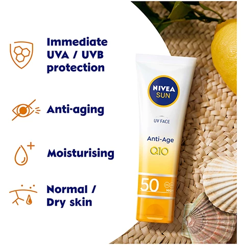 Image 1, immediate UVA and IVB protection, anti aging, moisturising, normal to dry skin. Image 2, prevents the appearance of sun induced fine lines and wrinkles. Image 3, immediate and highly effective UVA and UVB protection. prevents and visibly reduces sun induced dark spots. light and non greasy fluid, designed for delicate facial skin. Image 4, light, non greasy and refreshing sun fluid.