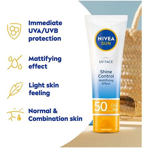 Image 1, immediate UVA and UVB protection, mattifying effect, light skin feeling, normal and combination skin. Image 2, instant and long lasting mattifying facial sun protection.