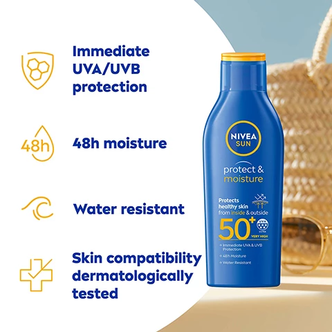 Image 1, immediate UVA and UVB protection, 48 hour moisture, water resistant, skin compatibility dermatologically tested. Image 2, dee in northern ireland said - perfect for protecting my skin!. lisa in the east midlands said it smells lovely, is waterproof and gives excellent protection