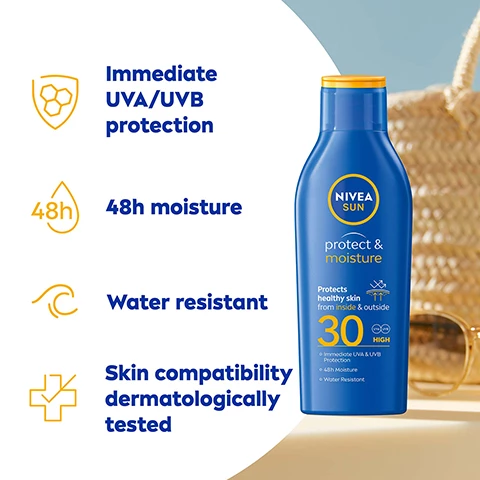 Image 1, immediate UVA and UVB protection, 48 hour moisture, water resistant, skin compatibility dermatologically tested. Image 2, laura s said i love this product, i know i can trust the brand it protects my family's skin from sun damage. sroberts said, every year this is my go to suncream. i love the smell and it works really well.