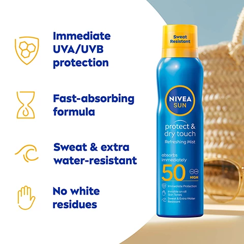 Image 1, immediate UVA and UVB protection, 4fast absorbing formula, sweat and extra water resistant, no white residue. Image 2, lynda in the south east said the perfect solution for sun protection. agata in the south west said this is the lightest and softest sunscreen i've ever used. jurgita in the south east said i love the smell so refreshing.