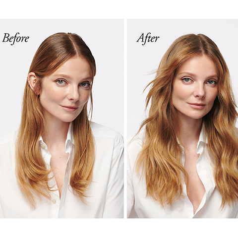 A split image shows a woman with flat straight hair labeled Before on the left and voluminous wavy hair labeled After on the right.
