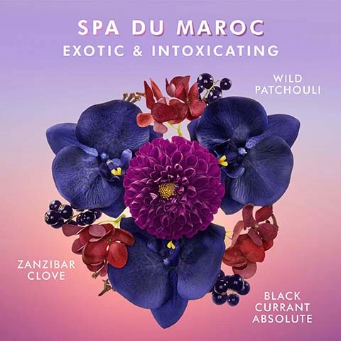 Image 1, spa du maroc, exotic and intoxicating. wild patchouli, zanzibar clove, blackcurrent absolute. Image 2, a duo for soft, supple hands. both infused with argan oil and hyaluronic acid to help hydrate skin and reduce the appearance of fine, dry lines. hand wash and hand cream.