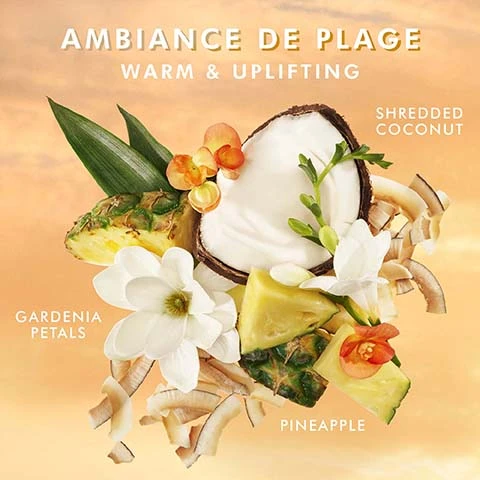 Image 1, ambiance de plage, warm and uplifting. shredded coconut, gardenia petals, pineapple. a duo for soft, supple hands, both infused with argan oil, and hyaluronic acid to help hydrate skin and reduce the appearance of fine, dry lines. hand wash and hand cream