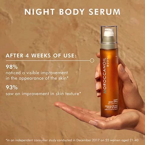 Image 1, night body serum, after 4 weeks of use = 98% noticed a visible improvement in the appearance of the skin*. 93% saw an improvement in skin texture*. *in an independent consumer study conducted in December 2017 on 55 women ages 21-40. Image 2, moroccanoil body oils collection. night body serum, dry body oil, shimmering body oil, pure argan oil. Image 3, peta approved, cruelty free.
