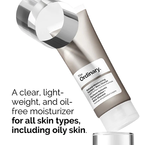 Image 1 - A silver and white tube of The Ordinary moisturizer tilted slightly to the right with text that reads A clear, light-weight, and oil-free moisturizer for all skin types, including oily skin.
              Image 2 - A young woman gently applies a skincare product to her face, with text on the left side that reads Apply a small amount to the face in the morning and evening.
              Image 3 - A close-up view of a smooth, glossy gel-cream swatch with horizontal ridges and the text Gel-cream texture.
              Image 4 - The image displays various skincare products arranged in three categories labeled PREP, TREAT, and SEAL, with each category showcasing different textures such as cleansers, toners, water-based serums, eye serums, anhydrous solutions, oils, suspensions, moisturizers, and SPF.