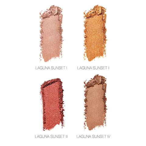 Image 1, laguna sunset 1, laguna sunset 2, laguna sunset 3 and laguna sunset 4. Image 2, laguna sunset 1, laguna sunset 2, laguna sunset 3 and laguna sunset 4 swatched on 3 different skin tones. Image 3, apply sparkling warm peach all over the eyelid. sweep warm rust across crease in circular motions. blend espresso at outer corner for added impact. Image 4, tap warm rust glitter on lid with fingers. blend espresso in circular motions across crease. highlight inner corner with sparkling warm peach. Image 5, sweep sparkling ruby pink all over the eyelid. blend espresso in circular motions across crease. highlight inner corner and upwards beneath browbone with sparkling peach