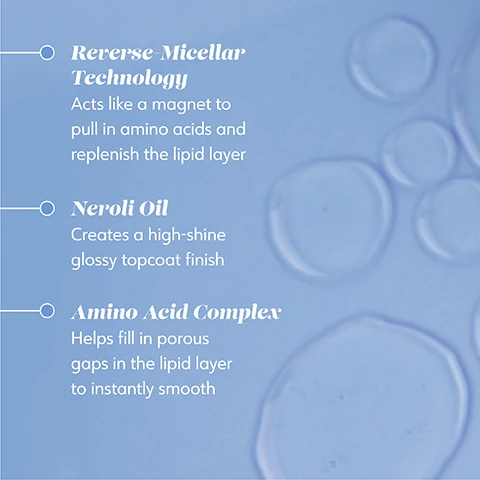 Image 1 - A soft blue background features three sections of text with headers, presenting descriptions of skincare ingredients: Reverse Micellar Technology, Neroli Oil, and Amino Acid Complex.
              Image 2 - A bottle of Liquid Glass Instant Glossing Rinse from Drybar sits on a reflective surface with a light blue background, featuring text that reads Advanced Reverse-Micellar Technology, Smooths hair and leaves a high-shine, glossy finish in just 10 seconds.
              Image 3 - A light blue bottle labeled LIQUID GLASS INSTANT GLOSSING RINSE with icons and text stating it is made without gluten, honey, keratin, protein, and nut oils, and also mentions it is vegan and cruelty free.