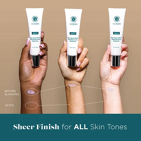 Image 1, sheer finish for all skin tones, before and after blending on 3 different skin tones. Image 2, after blending product in. Image 3, key ingredient powerhouse blend. 5.2% titanium dioxide, helps prevent sun damage. 1.1% zinc oxide, reflects and scatters skin aging UV rays. vitamin E nourishes, hydrates and protects skin barrier. Image 4, mineral sheer spf 50 broad spectrum sunscreen. 5 star reviews. it didn't just sit on my skin and the white disappeared quickly. my skin felt hydrated, even hours later. i love how this feels on my skin.