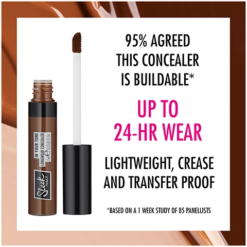 Image 1, 95% agreed this concealer is buildable, up to 24 hour wear, lightweight, crease and transfer proof. based on a 1 week study of 85 participants. Image 2, no filter and just concealer. Image 3, swatches on 4 different skin tones. Image 4, cool undertones = 1C, 3C, 5C, 8C, 9C, 10C, 11C. neutral undertones = 1N, 3N, 4N, 6N, 7N, 9N, 10N, 11N, 12N. Warm undertones = 2W, 3W, 5W, 7W