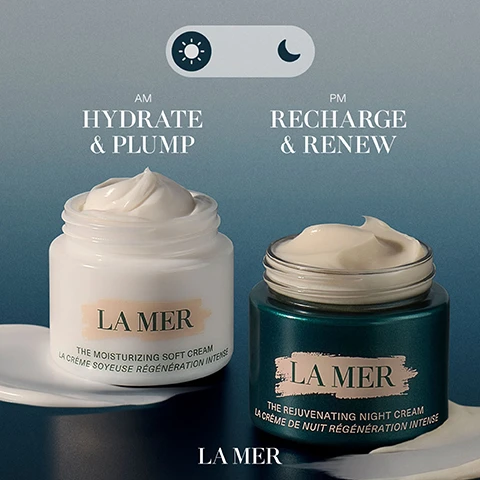 Image 1 - A white jar labeled LA MER containing moisturizing soft cream is displayed on the left with the text AM HYDRATE & PLUMP, while a green jar on the right contains rejuvenating night cream with the text PM RECHARGE & RENEW.
              Image 2 - An image of clusters of bubbles with a blurred background, featuring the text 94% said their skin felt SOFTER & SMOOTHER* and a note at the bottom stating *Consumer testing on 128 women after 1 week of product use.