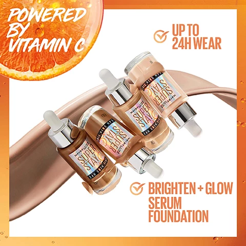 Image 1, powered by vitamin c, up to 24 hour wear. brighten and glow serum foundation. image 2, after and before. 95% said skin looks healthy, based on consumer test. image 3, powered by vitamin c, super skin in a drop. image 4, available in 20 shades. swatches of 2, 3, 5, 5.5, 6, 6.5, 10, 20, 21, 23, 30, 31, 34, 36, 40, 45, 48, 60, 66 and 70.