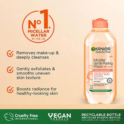 Image 1, no 1 micellar water in the UK, removes makeup and deeply cleanses. gently exfoliates and smooths uneven skin texture, boosts radiance for healthy looking skin. cruelty free international, vegan formula, recyclable bottle, recycled plastic bottle, excluding cap, label and additives. Image 2, how does it work? 1% PHA plus glycolic acid (AHA) micelles, work like magnets to draw out makeup and impurities from pores. PHA and AHA known for their gentle and peeling efficiant to help exfoliate and leave skin smooth. Suitable for all skin types and tones gentle on sensitive skin. Image 3, discover our micellar waters. Image 4, our formula micelles work like magnets to easily draw out makeup and impurities from your pores. suitable for all skin types and tones. gentle on sensitive skin. 1% PHA and glycoloc acid (AHA) known for their gentle peeling efficiacy to help exfoliate and leave skin smooth. Image 4, step 1 = apply product to reusable eco pad. step 2 = gently wipe pad across face eyes and lips. step 3 = wipe until no further residue is removed, no rinsing required.