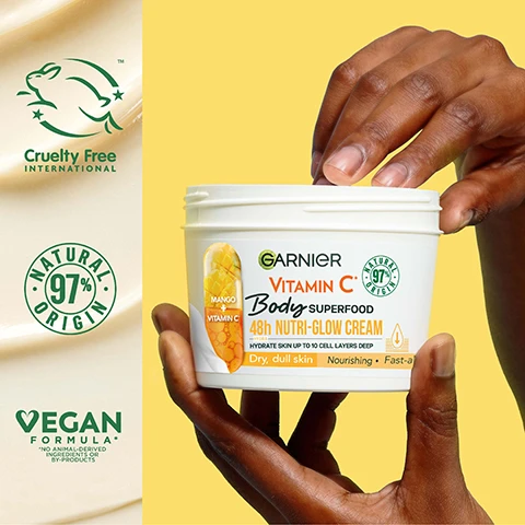 Image 1, cruelty free international, natural 97% origin, vegan formula. Image 2, apply day and night for visibly glowing skin. Image 3, vitamin c and mango extract. Image 4, discover garnier body superfood.