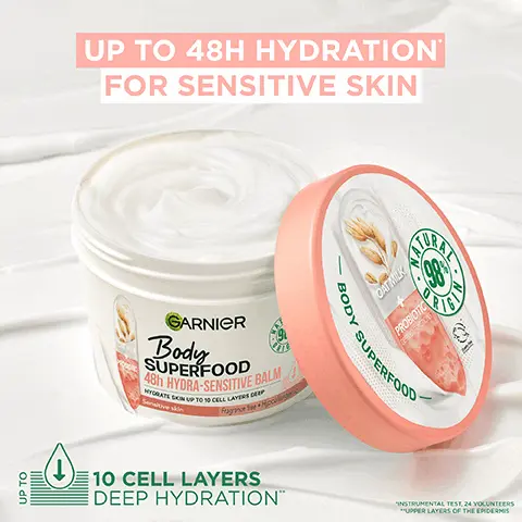 Image 1, UP TO UP TO 48H HYDRATION FOR SENSITIVE SKIN GARNIER Body SUPERFOOD 48h HYDRA-SENSITIVE BALM MYORATE SON UP TO 10 CELL LAYERS DEEP OAT MILK PROBIOTIC SUPERFOOD 10 CELL LAYERS DEEP HYDRATIONTM "INSTRUMENTAL TEST, 24 VOLUNTEERS **UPPER LAYERS OF THE EPIDERMIS Image 2, Cruelty Free INTERNATIONAL NA RAL 98% ORIGIN VEGAN FORMULA "NO ANIMAL DERIVED INGREDIENTS OR BY-PRODUCTS OAT M PROBIOTIC GARNIER Body SUPERFOOD 48h HYDRA-SENSITIVE BALM HYDRATE SKIN UP TO 10 CELL LAYERS DEEP Sensitive skin Fragrance free Hypoallergenic Image 3, PROBIOTIC DERIVED FRACTIONS KNOWN FOR THEIR SKIN BARRIER REPAIRING PROPERTIES AN mle GARNIER Body SUPERFOOD 48h HYDRA-SENSITIVE BALM Sensitive skin Fragrance fee OAT MILK ENRICHED WITH SOOTHING & HYDRATING NUTRIENTS Image 4, HYPOALLERGENIC & FRAGRANCE FREE Image 5, FAST ABSORBING FOR INSTANTLY HYDRATED SKIN GARNIER Body SUPERFOOD 48h HYDRA-SENSITIVE BALM