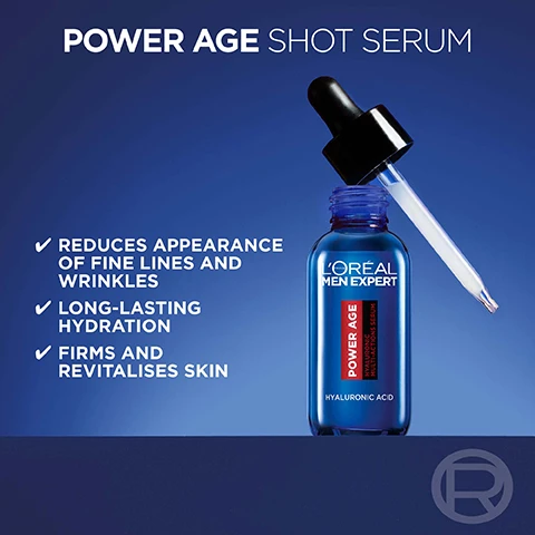 Image 1 - A blue bottle of LOréal Men Expert Power Age Shot Serum is shown with a black dropper, alongside text listing benefits: reduces appearance of fine lines and wrinkles, long-lasting hydration, and firms and revitalizes skin.
              Image 2 - A close-up of a man holding a dropper next to his face, highlighting features of a skincare product, with text stating EASY TO APPLY AND SUBTLE ON THE SKIN and bullet points reading NON-STICKY, NON-GREASY, LIGHTWEIGHT FORMULA, and QUICKLY ABSORBED.
              Image 3 - An image showcasing three skincare products from LOréal Men Expert labeled POWER AGE ROUTINE, including a serum, a moisturiser with Revitalising 24H Moisturiser and benefits listed, and an eye care product, with visible text reading POWER AGE and instructions for each step.