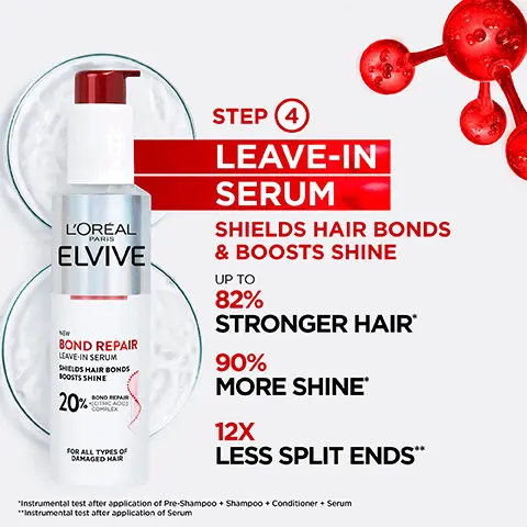 Image 1, step 4: leave in serum shields hair bonds and boosts shine up to 82% stronger hair, 90% more shine and 12X less split ends. Image 2, How to use: rub two drops between the palms of your hands, apply evenly through the lengths and ends of wet or dry hair, hair is stronger shinier and easier to manage. Image 3, before and after model shots, for all hair types of damaged hair breakage, split ends, frizz, dryness and dullness. Image 4, bond repair with 20% citric acid complex penetrates deep into the hair cortex to rebuild inner broken bonds