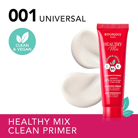 Image 1, 001 universal, clean and vegan. healthy mix clean primer. Image 2, clean and vegan. healthy smoothed skin, 88% natural and radiant, blurs pores. *88% ingredients from natural origin. Image 3, blurs pores and smoothes skin, before and after. Image 4, 88% ingredients from natural origin. Image 5, naturally radiant and refreshed skin, clean and vegan. Image 6, suitable for sensitive skin, dermatologically tested. Image 7, complete your look. step 1 - primer, step 2 = foundation, step 3 = concealer, step 4 = powder. all products are sold separately.