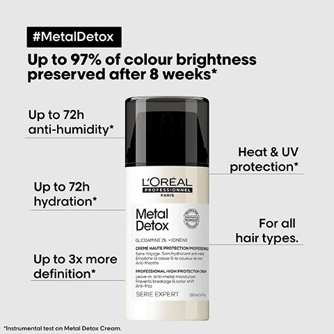 Image 1, metal detox, up to 95% of colour brightness preserved after 8 weeks. up to 75 hour anti humidity, up to 72 hour of hydration, up to 3 times more definitionm heat and UV protection, for all hair types. Image 2, 1 = cleanse, 2 = treat, 3 = finish, 4 = style. Image 3, customer review = my new favourite leave in cream, it protects my hair and leaves it so shiny and smooth. Image 4, hair tech inside, glicoamine metal neutralising active.
