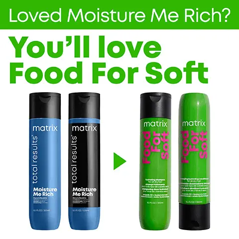 Loved moisture me rich? You'll love food for soft. Avocado oil and hyaluronic acid. Replenish dry hair and prevent moisture loss. For all dry hair. For all types of dry hair providing 7x more moisture for up to 72 hours of softer hair- when using Food For Soft shampoo, conditioner, and oil vs non-conditioning system- consumer test. Food For Soft Professional Hydrating System. Cleanse Hydrating Shampoo. Hydrate Detangling Hydrating Conditioner. Seal Multi-Use Hair Oil Serum