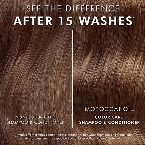 Image 1 and 2, see the difference after 15 washes. non-color care shampoo and conditioner. morcoccanoil color care shampoo and conditioner. *images from a study comparing morccanoil colour care shampoo and conditioner to a professional shampoo and conditioner without color care benefits. Image 3, color care shampoo and conditioner, lock in color and protect your hair, environmental protection blend to help protect against color loss and damage caused by sunlight, 90% of users noticed healthy looking shine in just one use. *in a july 2022 consumer study of women and men aged 20-50 on the combined effects of morccanoil color care shampoo and conditioner. Image 4, pro tip = this formula is highlight concentrated! to active a rich lather, add m ore water instead of more shampoo