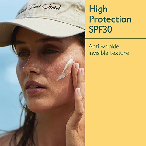 Image 1 - A woman in a sun hat applies sunscreen to her face, with visible text reading High Protection SPF30, Anti-wrinkle, Invisible texture.
              Image 2 - A tube of CAUDALIE sunscreen with SPF 30 is centered in the image, surrounded by green grapes and a yellow leaf, and includes text stating Grapeseed polyphenols Antioxidant & anti-wrinkle and Vitamin E Antioxidant.
              Image 3 - Image shows a yellow background with six sunscreen products from the Vinosun Protect line by Caudalie arranged in a row, labeled with their SPF levels: Spray SPF30/50, Cream SPF30/50+, Stick SPF50, Sun water SPF50+, and Lightweight Cream SPF50+, with the brand name Caudalie visible on the product packaging.
              Image 4 - Image shows a comparison between two sun protection products: on the left, a spray bottle labeled High Protection Spray with fluid texture for face and body, and on the right, a tube labeled High Protection Cream with cream texture suitable for the face, both indicating Invisible high protection and featuring the brand name CAUDALIE along with SPF 30.
              Image 5 - A selection of yellow sunscreen products arranged on sand with three text elements above stating suitable for children from 3 years, UVA/UVB high protection, and green on scanner apps.