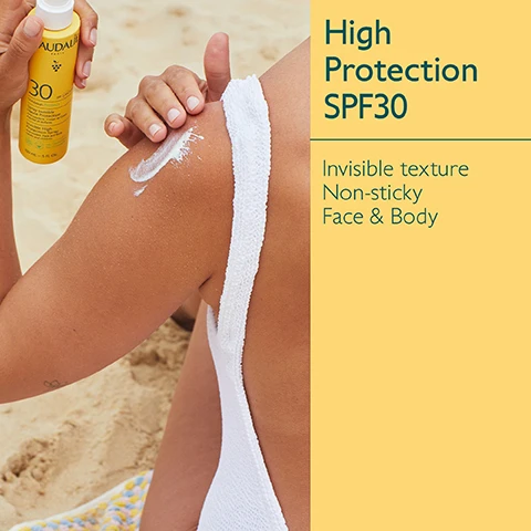 Image 1 - A person applying sunscreen to their shoulder while sitting on sand, with a bottle of sunscreen visible in their hand and text that says High Protection SPF30, Invisible texture, Non-sticky, Face & Body.
              Image 2 - A bottle of Caudalie sunscreen spray with SPF 30 is placed on a yellow background, surrounded by green grapes and a white swirl of the sunscreen; visible text includes Grapeseed polyphenols Antioxidant & anti-wrinkle and Vitamin E Antioxidant.
              Image 3 - An arrangement of yellow sunscreen products from the Vinosun Protect line by Caudalie, featuring a spray, cream, stick, sun water, and lightweight cream, with labels indicating their SPF levels, displayed against a yellow background. Text includes Vinosun Protect line, Spray SPF30/50, Cream SPF30/50+, Stick SPF50, Sun water SPF50+, and Lightweight Cream SPF50+.
              Image 4 - Image shows a side-by-side comparison of two sun protection products: a spray bottle labeled High Protection Spray and a cream tube labeled High Protection Cream, with visible text outlining the benefits of each product, including fluid texture, cream texture, use for face and body, and invisible high protection.
              Image 5 - A variety of sun protection products in yellow packaging are arranged on sand, with text stating Suitable for children from 3 years, UVA/UVB High Protection, and Green on scanner apps.