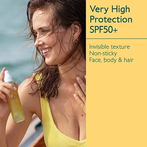 Image 1 - A woman with sun-kissed skin smiles while applying sunscreen from a spray bottle, wearing a yellow swimsuit, with water in the background; the image also includes text stating Very High Protection SPF50+, Invisible texture, Non-sticky, Face, body & hair.
              Image 2 - A hand holding a yellow spray bottle labeled CAUDALIE 50+ with text above that reads Bi-phase formula Shake before using.
              Image 3 - A spray bottle of Caudalie sunscreen with a yellow background, featuring the product name, SPF 50+, and claims of grape seed polyphenols and Vitamin E as antioxidants.
              Image 4 - Image shows a selection of sunscreen products from the Vinosun Protect line by Caudalie, featuring six yellow containers labeled as follows: Spray SPF30/50, Cream SPF30/50+, Stick SPF50, Sun water SPF50+, and Lightweight Cream SPF50+, all against a matching yellow background.
              Image 5 - Image shows two sunscreen products side by side: on the left is a bottle labeled Sun Water SPF50+ with attributes including water texture, suitable for face, body, and hair, and very high and invisible protection; on the right is a bottle labeled Invisible Spray SPF50 with attributes including fluid texture, suitable for face and body, and invisible high protection.