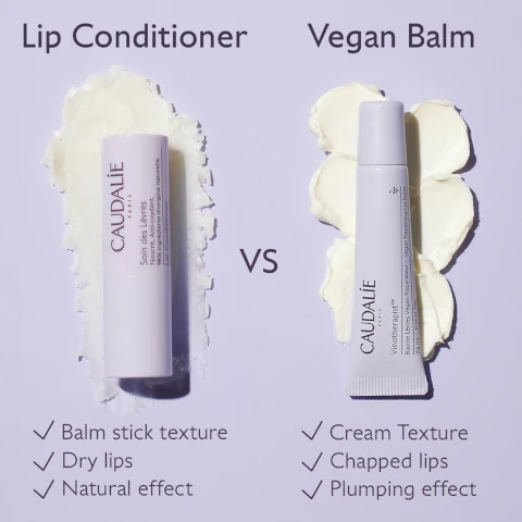 lip conditioner vs vegan balm. lip conditioner = balm stick texture, dry lips, natural effect. vegan balm = cream texture, chapped lips and plumping effect