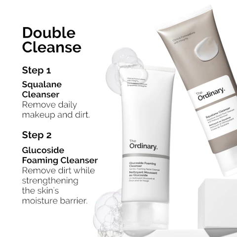 Double cleanse: Step 1: Squalene cleanser remove daily makeup and dirt. Step 2: Glucoside foaming cleanser remove dirt while strengthening the skin's moisture barrier