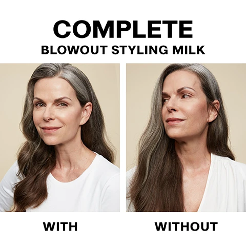 Image 1 and 2, complete blowout styling milk with and without. Image 3, smooth and protect, hair prepped with blowout styling milk was 5 times smoother and protected from heat up to 450 F *in a controlled hair watch study versus non-conditioning shampoo after 1 use. Image 4, what is it? a clean, lightweight heat activated styling cream tat maintains long-term style, smooths, reduce frizz and protects against heat and humidity. so go big and blowout. Image 5, anti-humidity. the complete blowout styling milk controls frizz by 99% in high humidity for up to 48 hours. *in a controlled hair swatch study versus non conditioning shampoo, after 1 use. Image 6, style memory, hair treated with blowout milk maintains style for up to 48 hours. *in a controlled hair swatch study versus non conditioning shampoo, after 1 use. Image 7, ready to bring the heat? step 1 = apply 1-2 pumps in hands and rub together. step 2 = apply to hair starting with mid shaft and ends and finishing with your roots. step 3 = blow dry, flat iron, curl or wave to your heart's desire!