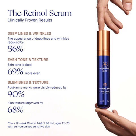 Image 1, the retinol serum, clinically proven results. deep lines and wrinkles, the appearance of deep lines and wrinkles reduced by 56%. even tone and texture, skin tone looked 69% more even. blemishes and texture, post acne marks were visibly reduced by 90%, skin texture by 68% **in a 12 week clinical trial of 63 male and female aged 25-70 with self percieved sensitive skin. Image 2, before and after 12 weeks, helps clear skin and reduce the appearance of acne scars. Image 3, before and after 12 weeks, reduced the appearance of fine lines and wrinkles. Image 4, the retinol serum, user proven results. elasticity and wrinkles, 97% agree the appearance of deep wrinkles and fine lines is reduced, 100% agree skin looks lifted, tighter and firmer. clear and refine, 98% agree skin looks and feels more smooths, clear and refined. even tone, 98% agree skin tone looks more even. **in a 12 week consumer perception study of 103 males and females ages with self perceived sensitive skin. Image 5, step 1 = dispense desired amount into hands. step 2 = in upward sweeping motions smooth over the face, neck and decollete. step 3 = follow by applying your augustunus bader skincare routine.