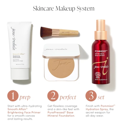 Skincare Makeup System: 1. Prep start with ultra hydrating smooth affair brightening face primer for a smoother canvas and lasting results. 2. Perfect get flawless coverage and a skin like feel with pure pressed base mineral foundation. 3. Set finish with pommisst hydration spray, the secret weapon for all day wear