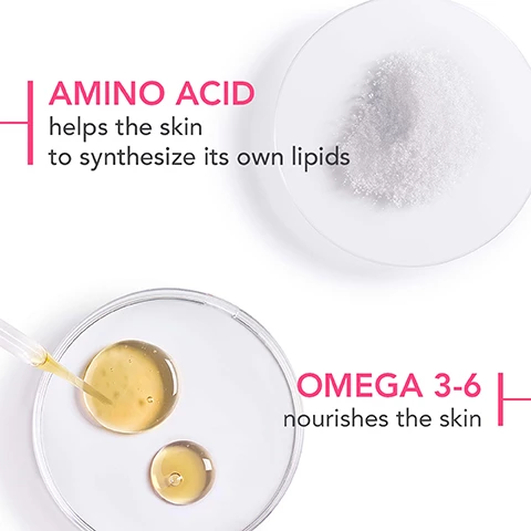 Image 1, amino acid helps the skin to synthesize its own lipids. omega 3-6 nourishes. Image 2, 95% skin is instantly soothed. 97% skin barrier is reinforced. Image 3, 98% removes waterproof makeup. Image 4, sensitive skin, 1 - cleanse, 2 - prepare, 3 - care. Image 5, 1 = apply and massage on dry, 2 = emulsify with tepid water, 3 = rinse thoroughly and gently dry your skin