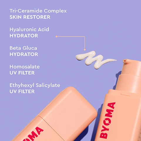 Tri-ceramide complex skin restorer, hyaluronic acid hydrator, beta gluca hydrator, homosalate UV filter and ethyhexyl salicylate UV filter.