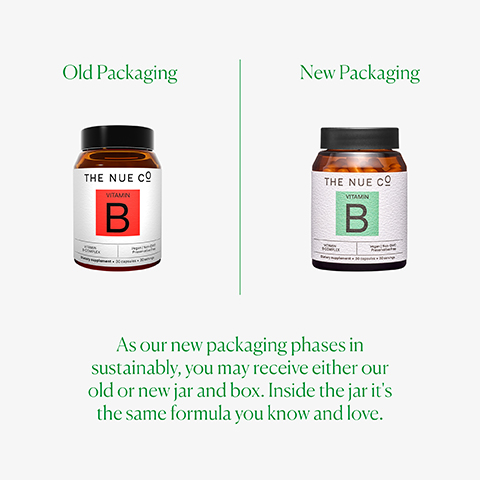Old Packaging New Packaging THE NUE CO VITAMIN B THE NUE CO VITAMIN B As our new packaging phases in sustainably, you may receive either our old or new jar and box. Inside the jar it's the same formula you know and love.