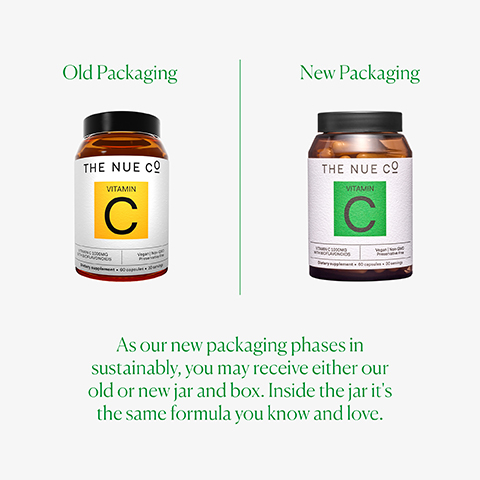 Old Packaging New Packaging THE NUE CO VITAMIN C THE NUE CO VITAMIN C As our new packaging phases in sustainably, you may receive either our old or new jar and box. Inside the jar it's the same formula you know and love.