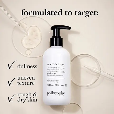Image 1: Formulated to target: dullness, uneven texture and rough and dry skin. Image 2: Amino acid derived cleanser with fine grain desert earth. Image 3: for clean, hydrated even toned skin.