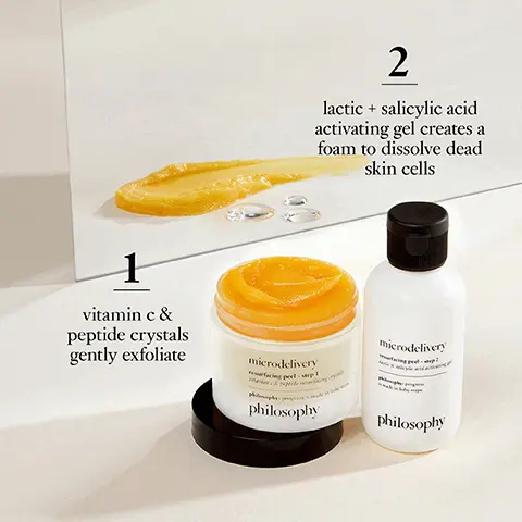 Image 1: 1 vitamin C and peptides crystals gently exfoliate, 2, lactic and salicylic acid activating gel creates a foam to dissolve dead skin cells. Image 2: brighter, smoother skin with increased luminosity after just 1 use. Image 3: micro delivery resurfacing peel, new look same results! before and now