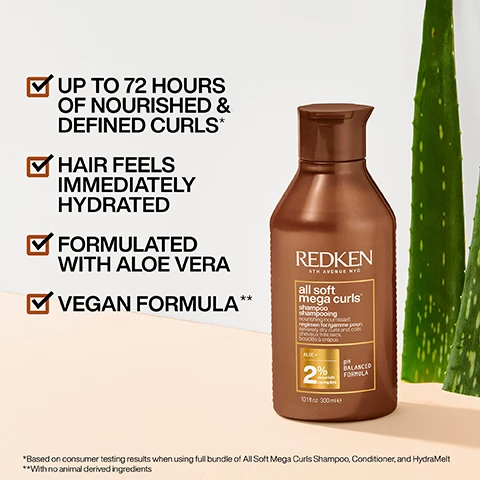 Image 1, and 2, up to 72 hours of nourished and defined curls*, hair feels immediatly hydrated, formulated with aloe vera, vegan formula**. *based on consumer testing results when using full bundle of all soft mega curls shampoo, conditioner and hydramelt. **with no animal derived ingredients. Image 3, for curl types 3A to 4C. Image 4, 3 steps to revive curls, 1 = shampoo, 2 = conditioner, 3 = treat.