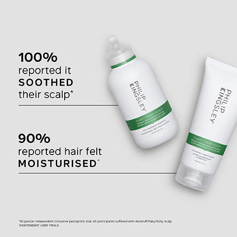 Image 1 - A bottle and a tube of Philip Kingsley hair care products are displayed, with text stating that 100% reported it soothed their scalp and 90% reported hair felt moisturised.