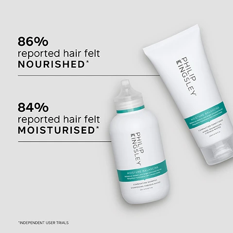 Image 1 - Image shows two hair care products from Philip Kingsley, along with text indicating that 86% of users reported their hair felt nourished and 84% reported it felt moisturised, with a note about independent user trials.
              Image 2 - A side-by-side comparison of a persons hair showing the left side labeled BEFORE with long, straight, and frizzy hair, and the right side labeled AFTER with glossy, wavy, and styled hair.