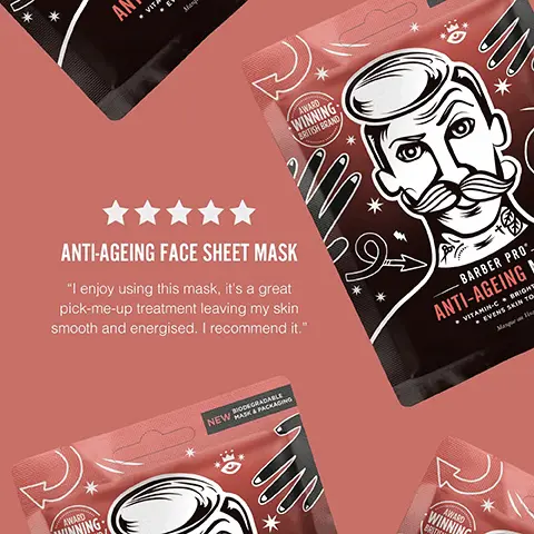 Image 1, AWARD NING AN VITA Mas AWARD WINNING BRITISH BRAND/ OF ANTI-AGEING FACE SHEET MASK "I enjoy using this mask, it's a great pick-me-up treatment leaving my skin smooth and energised. I recommend it." NEW GRADABLE BARBER PRO ANTI-AGEING A EVENS SKIN TO • VITAMIN C BRIGHS Mesqui AWARD WINNING * Image 2, 100% BIODEGRADABLE PACKAGING WORLD FAST WINNING BORANS YEARS PLASIK EDGES MADE FROM CND BODICADABLE PLASTIC BARBER PRO ANTI-AGEING MASK 堂 MADE FROM BAMBOD BARBER PRO