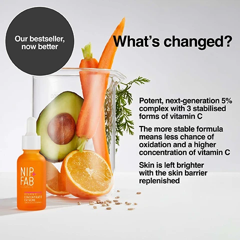 Image 1, our bestseller, now better. what's changed. potent next generation 15% complex with 3 stabilised forms of vitamin c. the more stable formula means less chance of oxidation and a higher concentration of vitamin c. skin is left brighter with the skin barrier replenished. Image 2, the 15% complex. stay-c: proven conversion to ascorbic acid (vitamin c's purest form) on contact with skin. L-VCG = converts to ascorbic acid gradually, so you get the benefits for longer. specwhite VCE = oil and water loving, so better penetrates your skin