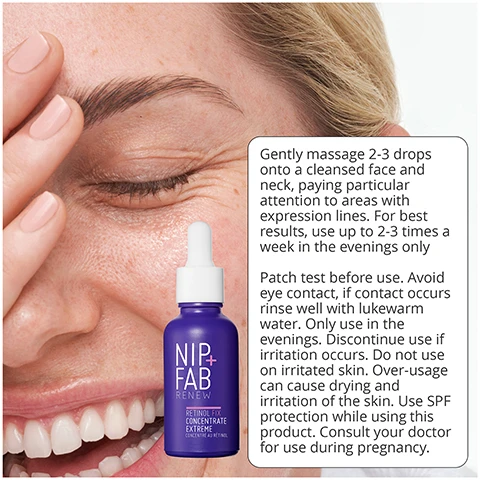 Image 1, gently massage 2-3 drops onto a cleansed face and neck, paying particular attention to areas with expression lines. for best results, use up to 2-3 times a week in the evenings only. patch test before use. avoid eye contact, if contact occurs rinse well with lukewarm water. only use in the evenings, discontinue use if irritation occurs. do not use on irritated skin. over usage can cause drying and irritation of the skin. use SPF protection while using this product. consult your doctor for us during pregnancy. Image 3, how to layer: retinol, PM only. 1 = cleanse with hyaluronic fix extreme 4 cleansing cream. 2 = treat with retinol fix booster. 3 = hydrate with hyaluronic fix extreme 4 serum. 4 = treat with retinol fix eye treatment. 5 = moisturise with retinol fix overnight cream. in the AM: anti-redness SPF 30 moisturiser.